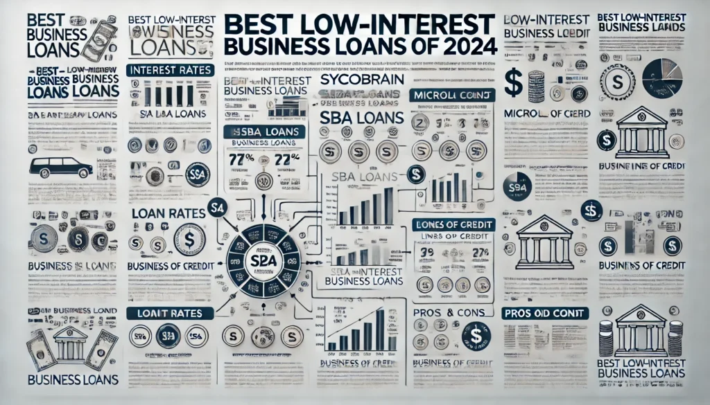 DALL·E 2024 12 23 13.17.34 A professional and clean infographic style image summarizing the concept of Best Low Interest Business Loans of 2024. The background is solid white